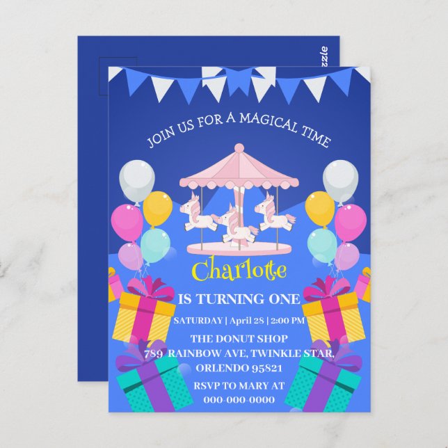 Magical Unicorn rainbow carousel pattern birthday  Postcard (Front/Back)