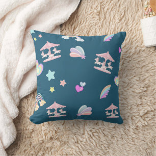 Magical Unicorn rainbow carousel pattern birthday Throw Pillow