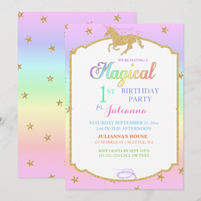 Magical Unicorn Rainbow & Faux Glitter Invitation (Front/Back)