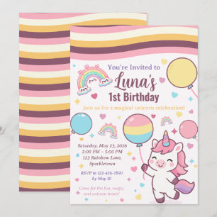 Magical Unicorn & Rainbow Girl 1st Birthday party Invitation
