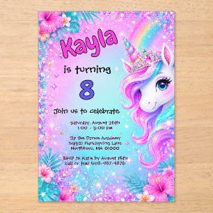 Magical Unicorn Rainbow Glitter Birthday Acrylic Invitations