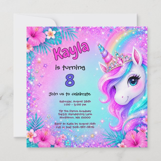Magical Unicorn Rainbow Glitter Birthday  Invitation (Front)