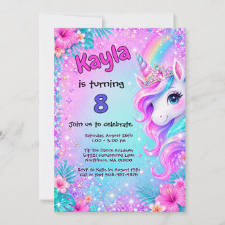 Magical Unicorn Rainbow Glitter Birthday Invitation