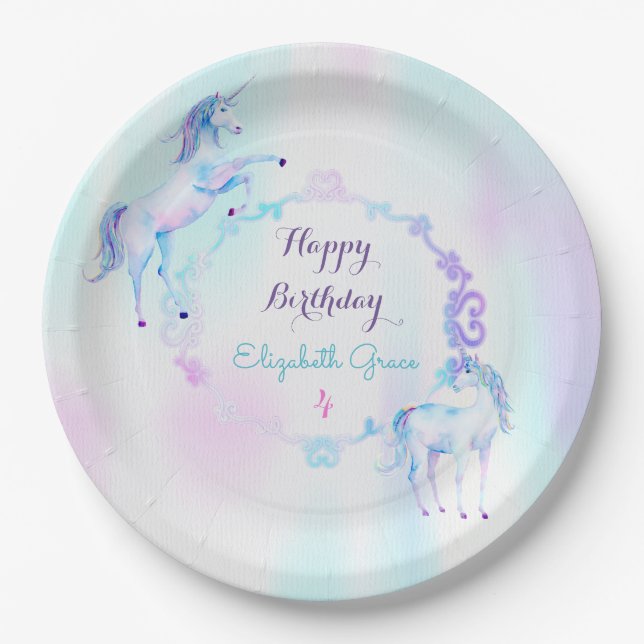 Magical Unicorn Rainbow Lavender Pink Turquoise Paper Plate (Front)