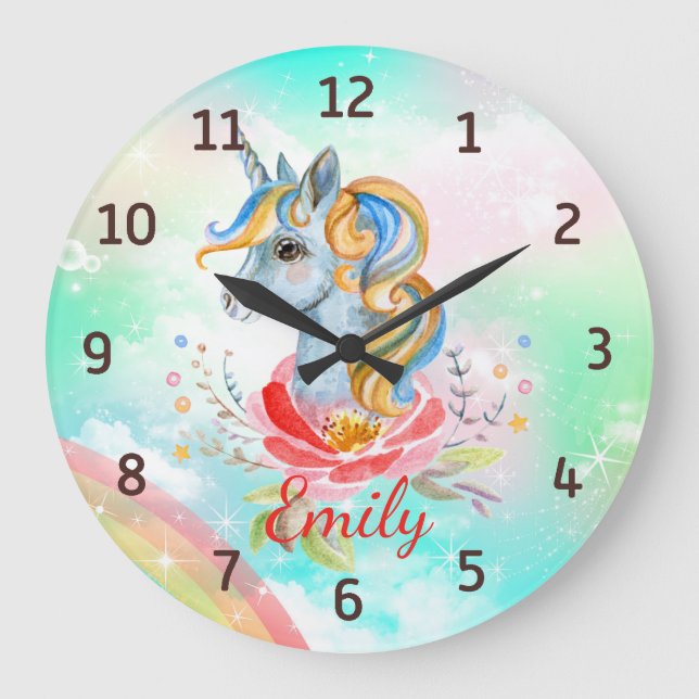Magical Unicorn Rainbow Personalized Wall Clock (Front)