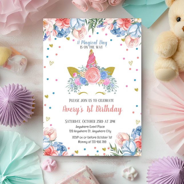 Magical Unicorn Rainbow Pink Floral Birthday  Invitation (Magical Unicorn Rainbow Pink Floral Birthday Invitation)