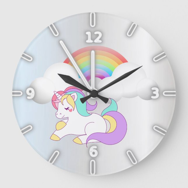 Magical Unicorn, Rainbow , Silver Large Clock (Front)