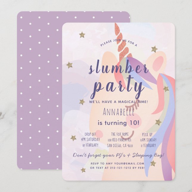 Magical Unicorn Rainbow Slumber Party Birthday Invitation (Front/Back)