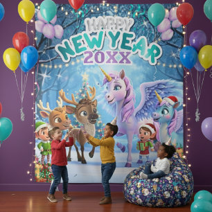 Magical Unicorn & Reindeer Kids New Year Tapestry