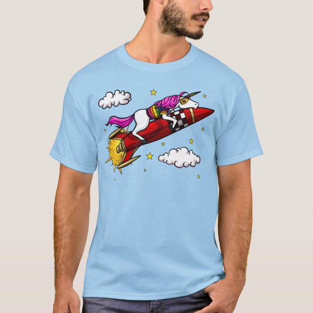 Magical Unicorn Riding Space Rocket Funny T-Shirt (Front)