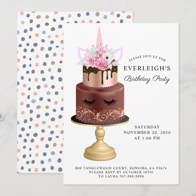 Magical Unicorn Rose Gold Chocolate Birthday Cake Invitation (Front/Back)