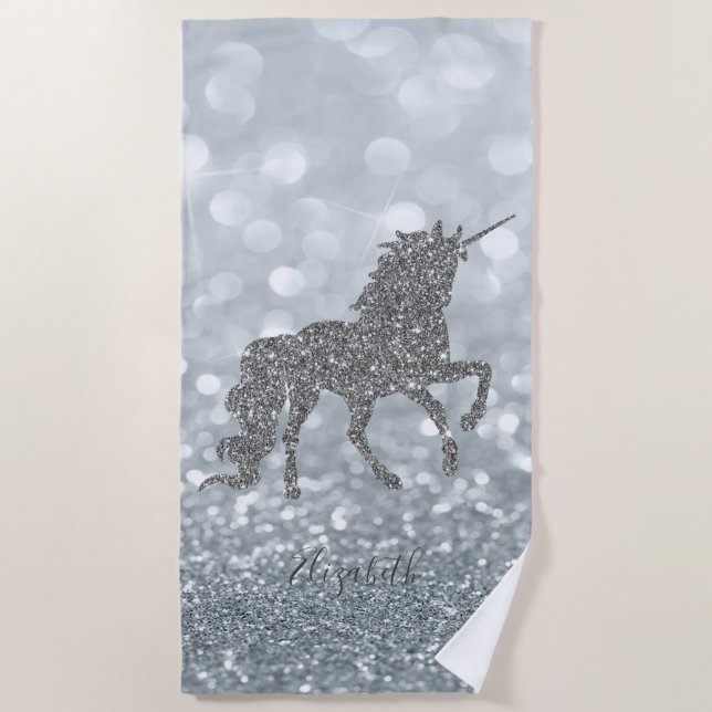 Magical Unicorn,Silver Glitter Bokeh-Personalized Beach Towel (Front)