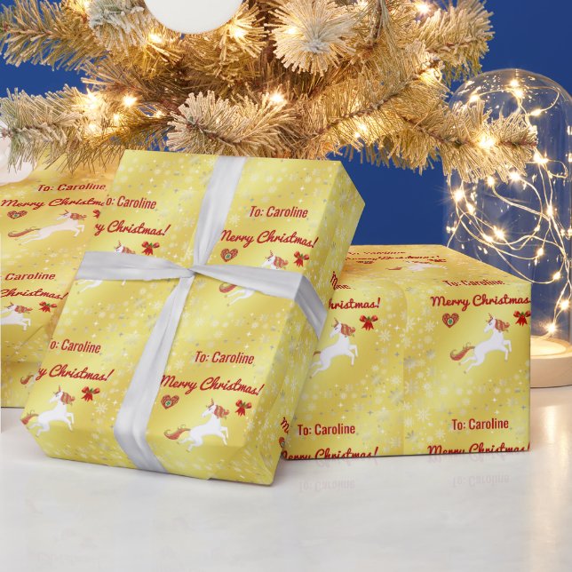Magical Unicorn Snowflakes Name Merry Xmas Golden Wrapping Paper (Holidays)