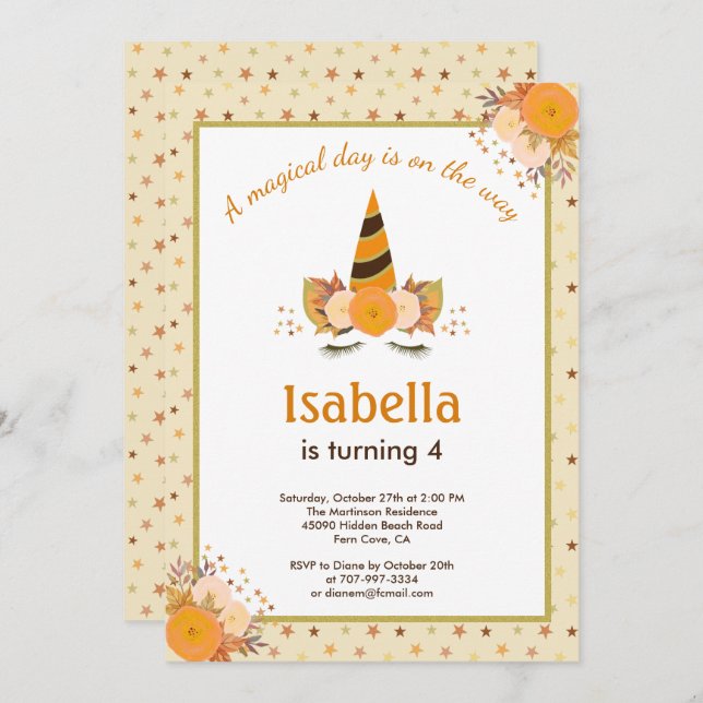 Magical Unicorn Star Fall Halloween Birthday Party Invitation (Front/Back)