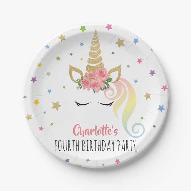Magical Unicorn & Stars Personalized Birthday Paper Plate (Front)