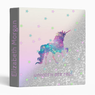 Magical Unicorn, Stars, Silver Glitter Bokeh Binder