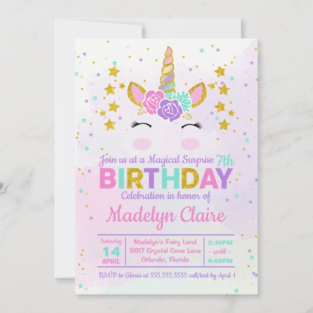 Magical Unicorn Surprise Birthday Party Invitation (Front)