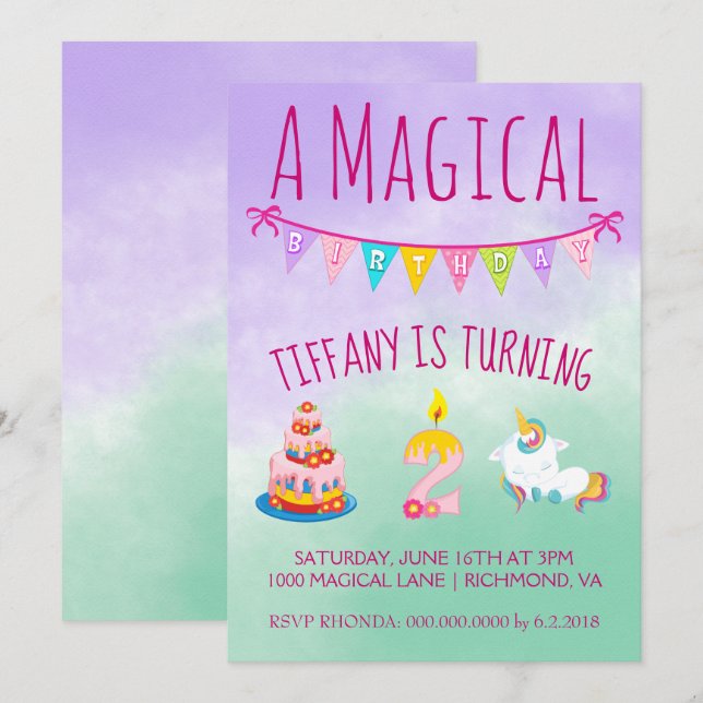 Magical Unicorn Two Year Old Birthday Party Invitation (Front/Back)