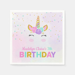 Magical Unicorn Watercolor Glitter Stars Birthday Napkin