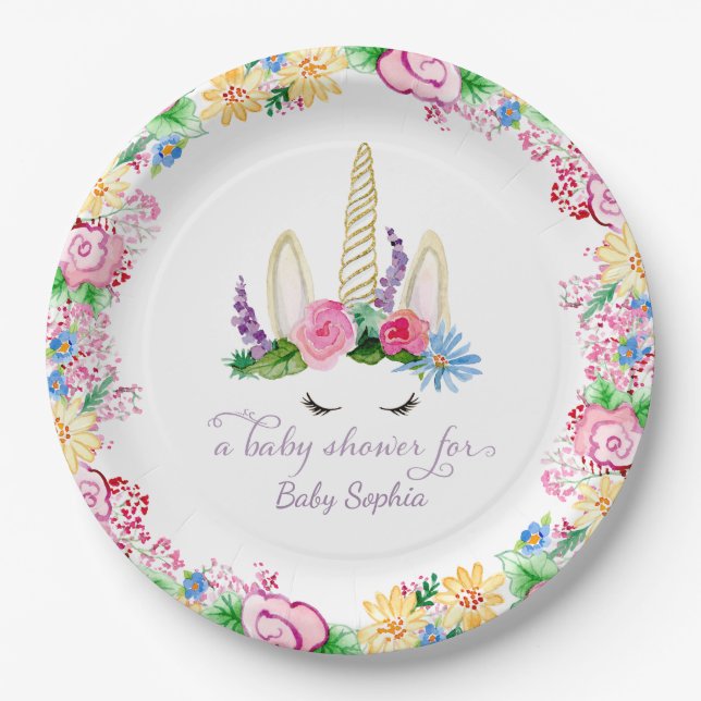 Magical Unicorn Watercolor Pink Floral Baby Shower Paper Plate (Front)