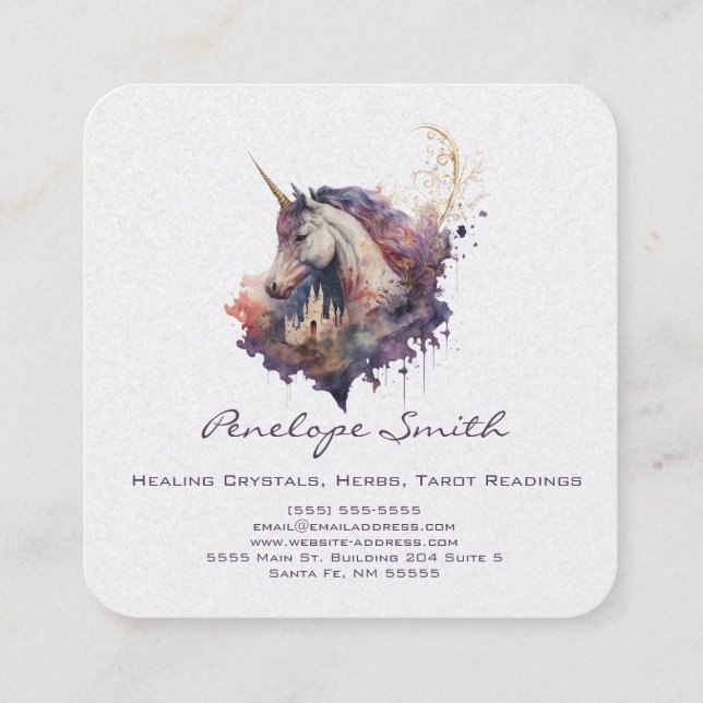 Magical Unicorn Watercolor Square Business Card (Back)