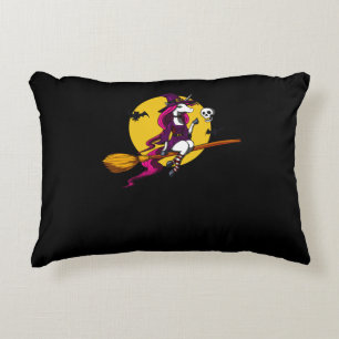Magical Unicorn Witch Riding A Broom Halloween Accent Pillow