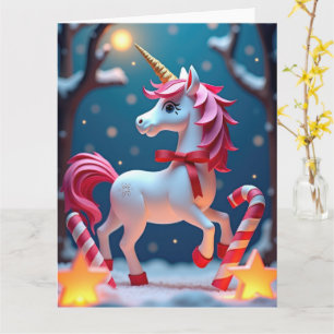 Magical Unicorn with Ribbon in Snowy Christmas Card