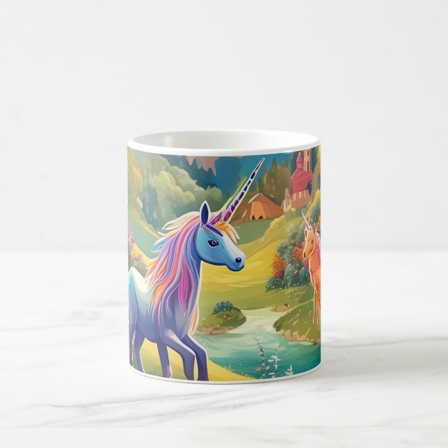 Magical Unicorns Fantasy Landscape Rainbow Forest  Coffee Mug (Center)