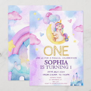 Magical Unicorns Purple Watercolor Birthday Party Invitation