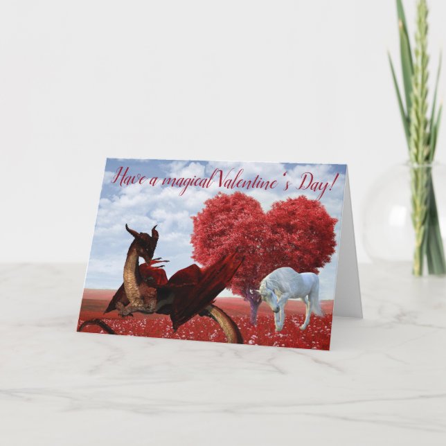 Magical Valentine's day Unicorn and Dragon Card (Front)