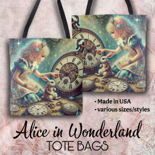 Magical Vintage Clocks Alice and White Rabbit Tote Bag
