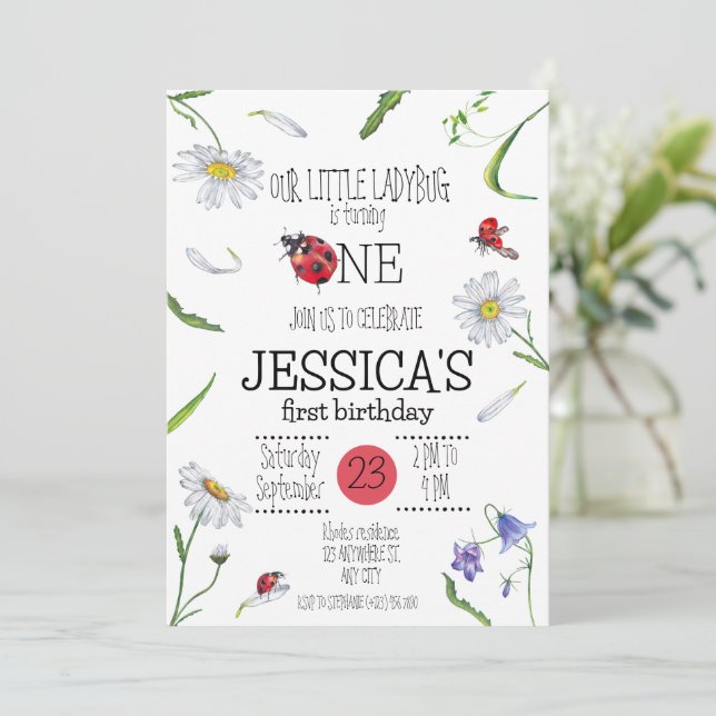 Magical Watercolor Cute 1st Birthday Girl Ladybug Invitation (Standing Front)