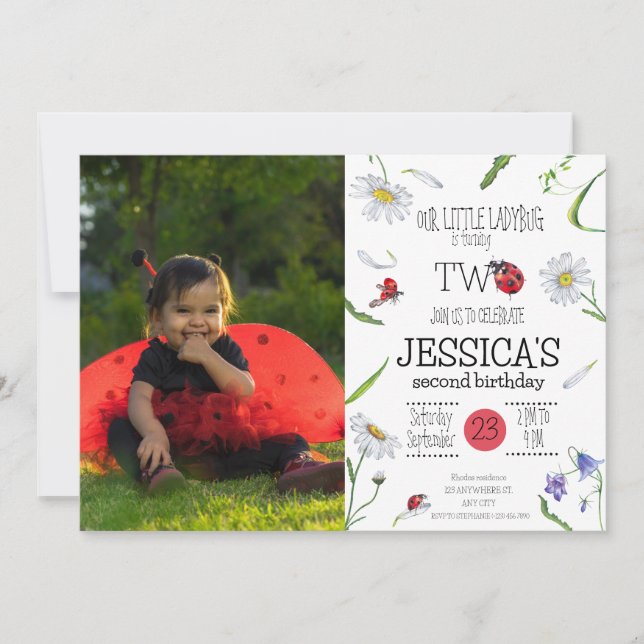 Magical Watercolor Cute 2nd Birthday Girl Ladybug Invitation (Front)