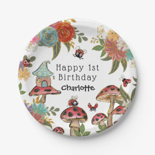 Magical Watercolor Cute Ladybug Girl Birthday Paper Plate