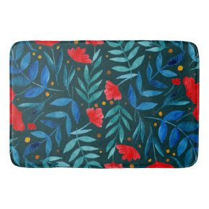 Magical watercolor garden - dark teal and red bath mat