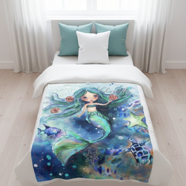 Magical Watercolor Mermaid Personalized Kids  Fleece Blanket (Magical Watercolor Mermaid Personalized Kids Fleece Blanket)