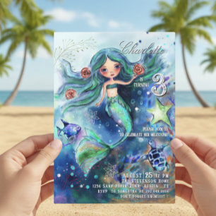 Magical Watercolor Mermaid Under the Sea Birthday  Invitation