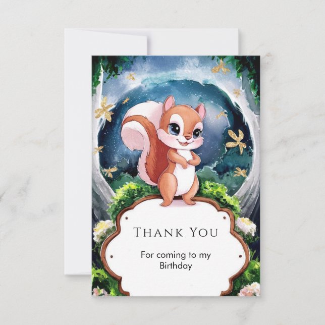 Magical Watercolor Squirrel Birthday Thank You Card (Front)
