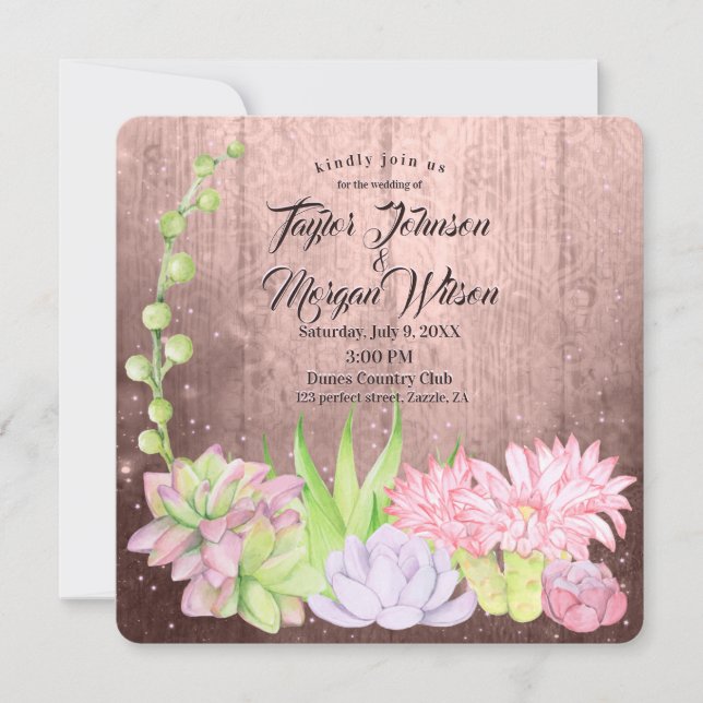 Magical Watercolor Succulents Peach Wedding Invitation (Front)