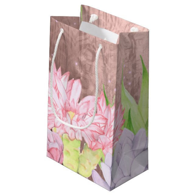 Magical Watercolor Succulents peachy brown Small Gift Bag (Back Angled)