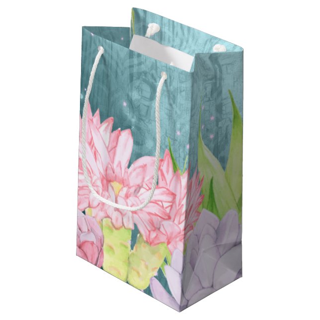 Magical Watercolor Succulents teal-blue Small Gift Bag (Back Angled)