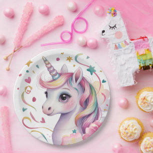 Magical Watercolor Unicorn Girl Birthday Party Paper Plate