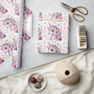 Magical Watercolor Unicorn Girl Birthday Party Wrapping Paper
