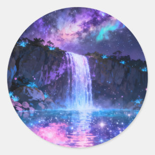 Magical Waterfall Night Sky Round Sticker