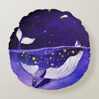 Magical Whale: Dark Ocean Night Round Pillow