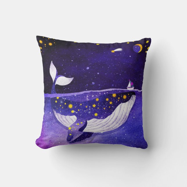 Magical Whale: Dark Ocean Night Throw Pillow (Front)
