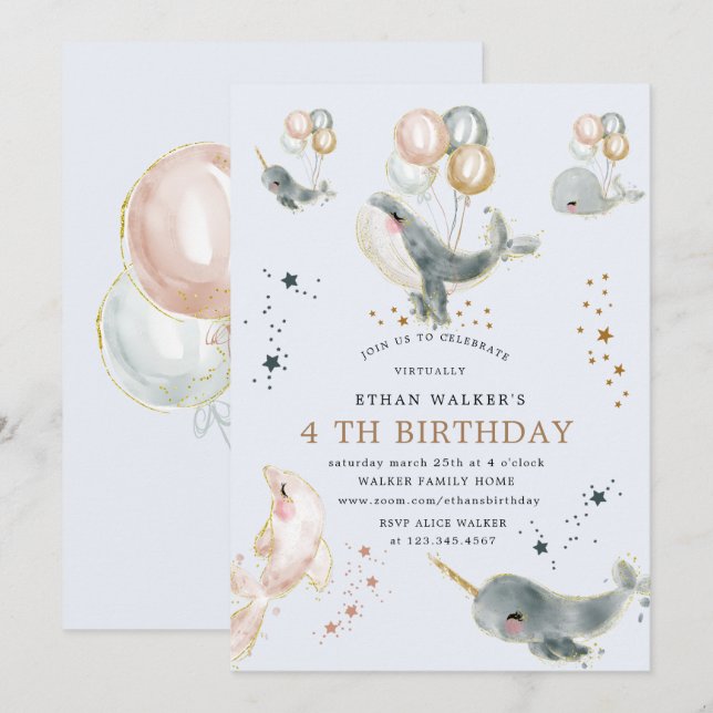 magical whales and stars virtual birthday party invitation (Front/Back)
