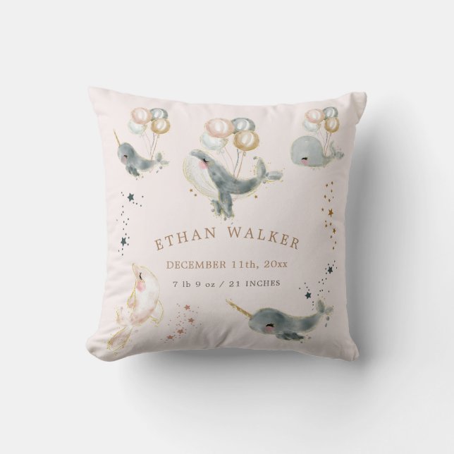 magical whales baby birth stats throw pillow (Front)