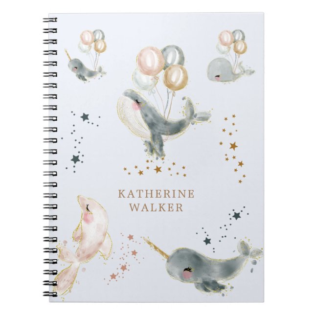 magical whales balloons monogram cute notebook (Front)