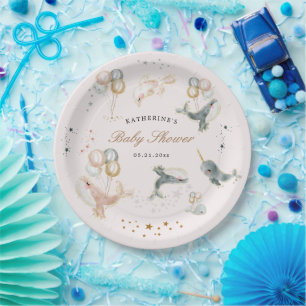 Magical Whales Balloons Stars Baby Shower Paper Plate